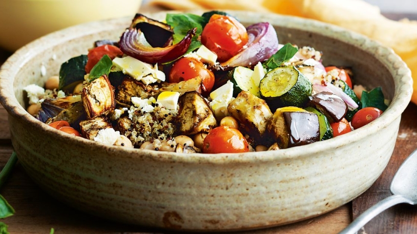 Mediterranean Chickpea and Roasted Eggplant Salad with Feta and Fresh Herbs