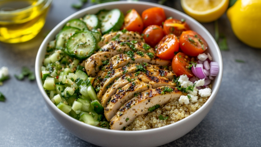 Pollo a la Parrilla con Limón y Hierbas, Espárragos Asados y Quinoa