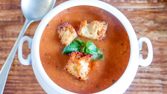 Creamy Roasted Tomato and Basil Soup with Garlic Croutons
